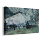 Canvas art print featuring an impressionist railway scene with locomotives and haze, displayed at an angle