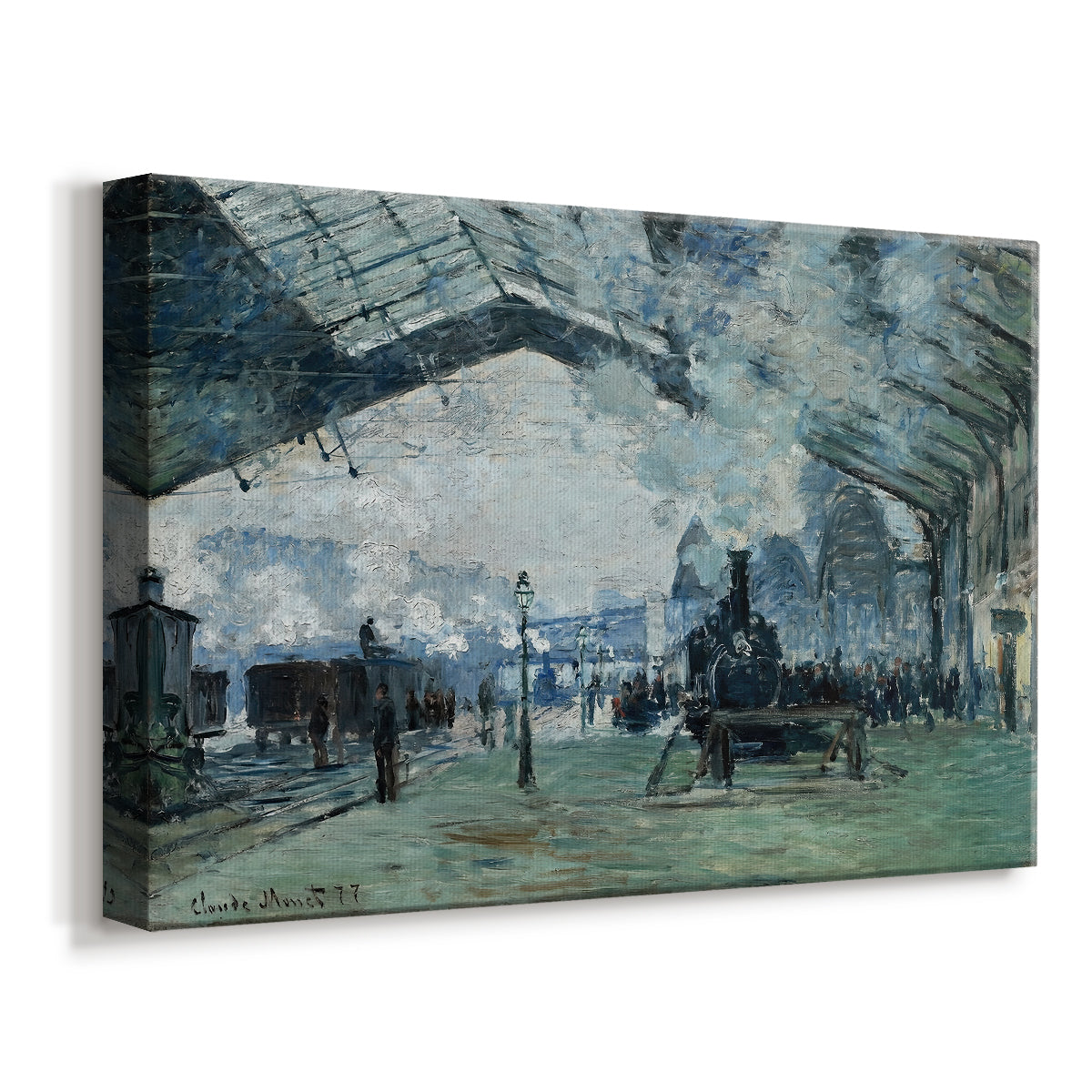 Canvas art print featuring an impressionist railway scene with locomotives and haze, displayed at an angle