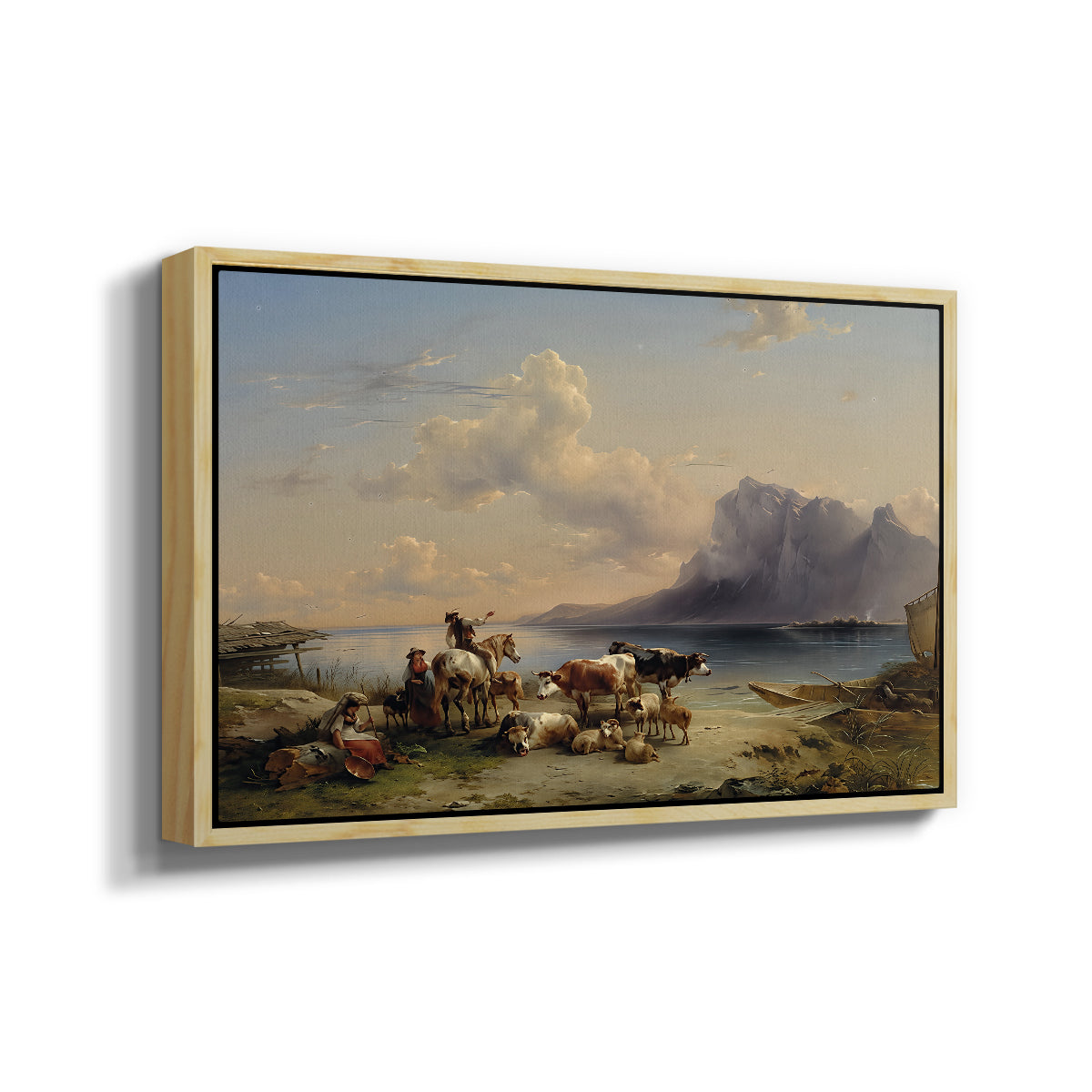 Shepherds and Cattle on Lake Attersee, 1852 - Floater Framed Canvas Print