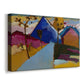 Canvas art print featuring a semi-abstract village view with angular structures and bright tones, displayed at an angle