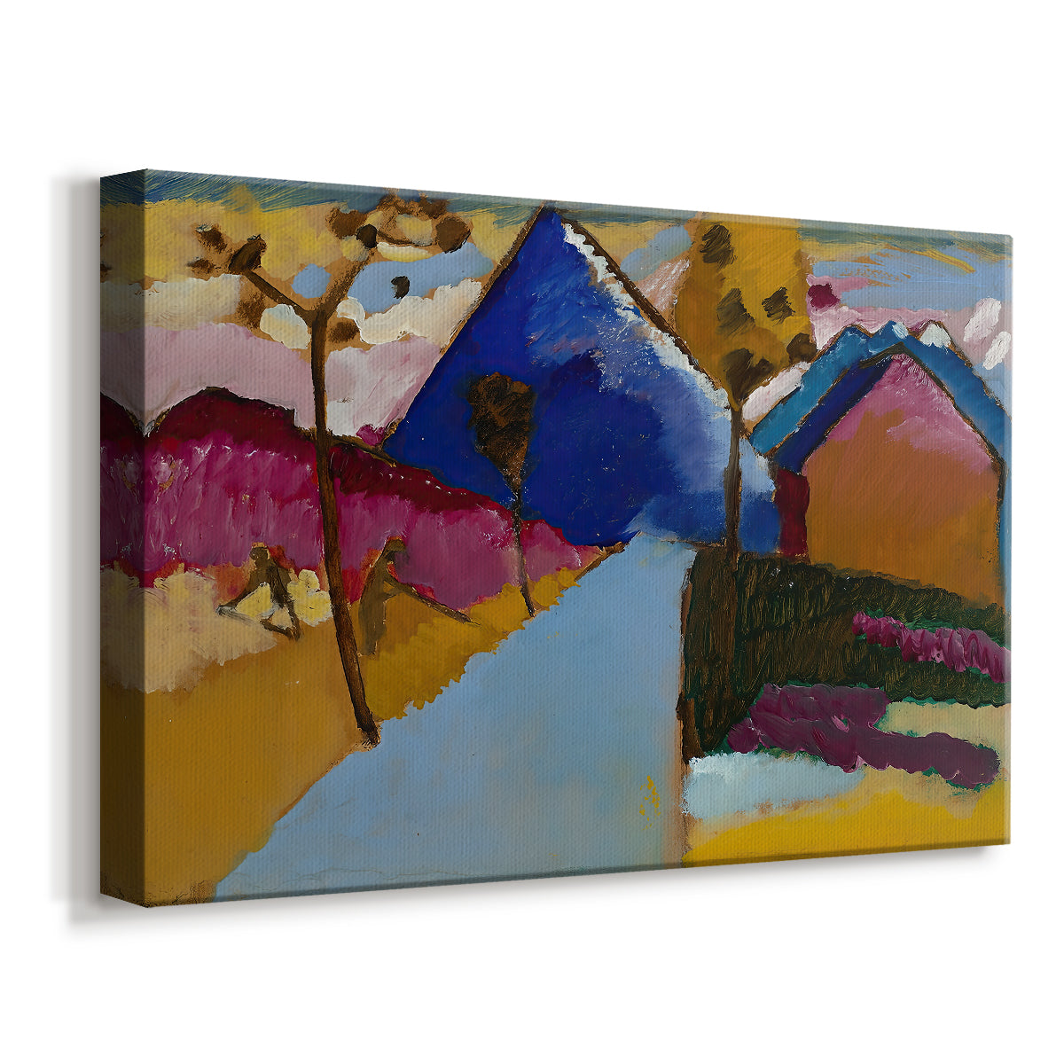 Canvas art print featuring a semi-abstract village view with angular structures and bright tones, displayed at an angle