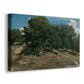 Canvas art print featuring a woodland scene with mature trees and filtered light, displayed at an angle
