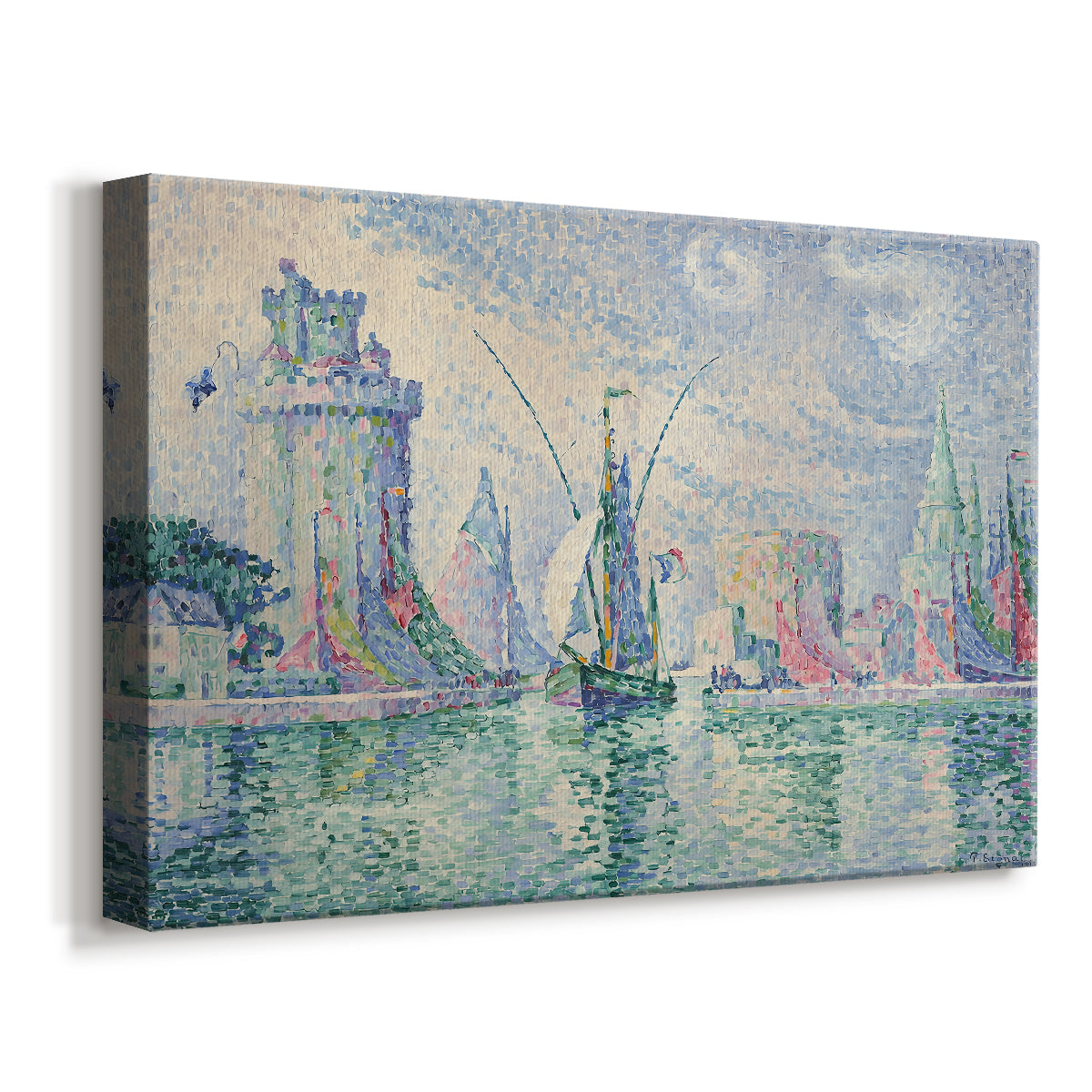 Canvas art print featuring a harbor scene with architectural forms, displayed at an angle