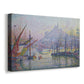 Canvas art print featuring a coastal scene with ships, displayed at an angle