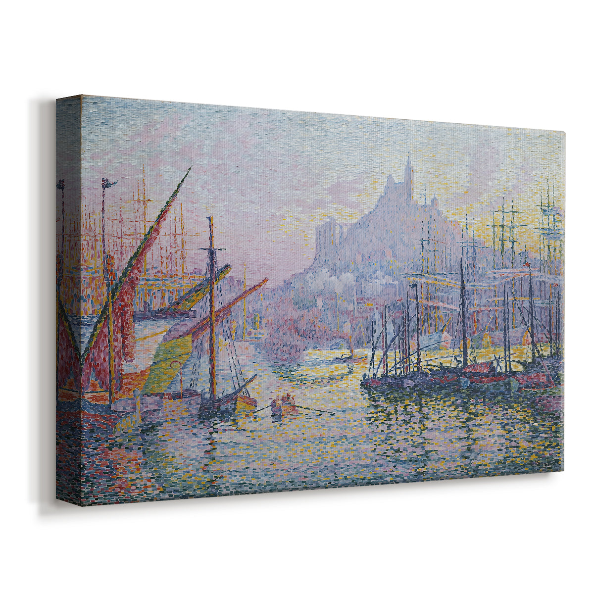 Canvas art print featuring a coastal scene with ships, displayed at an angle