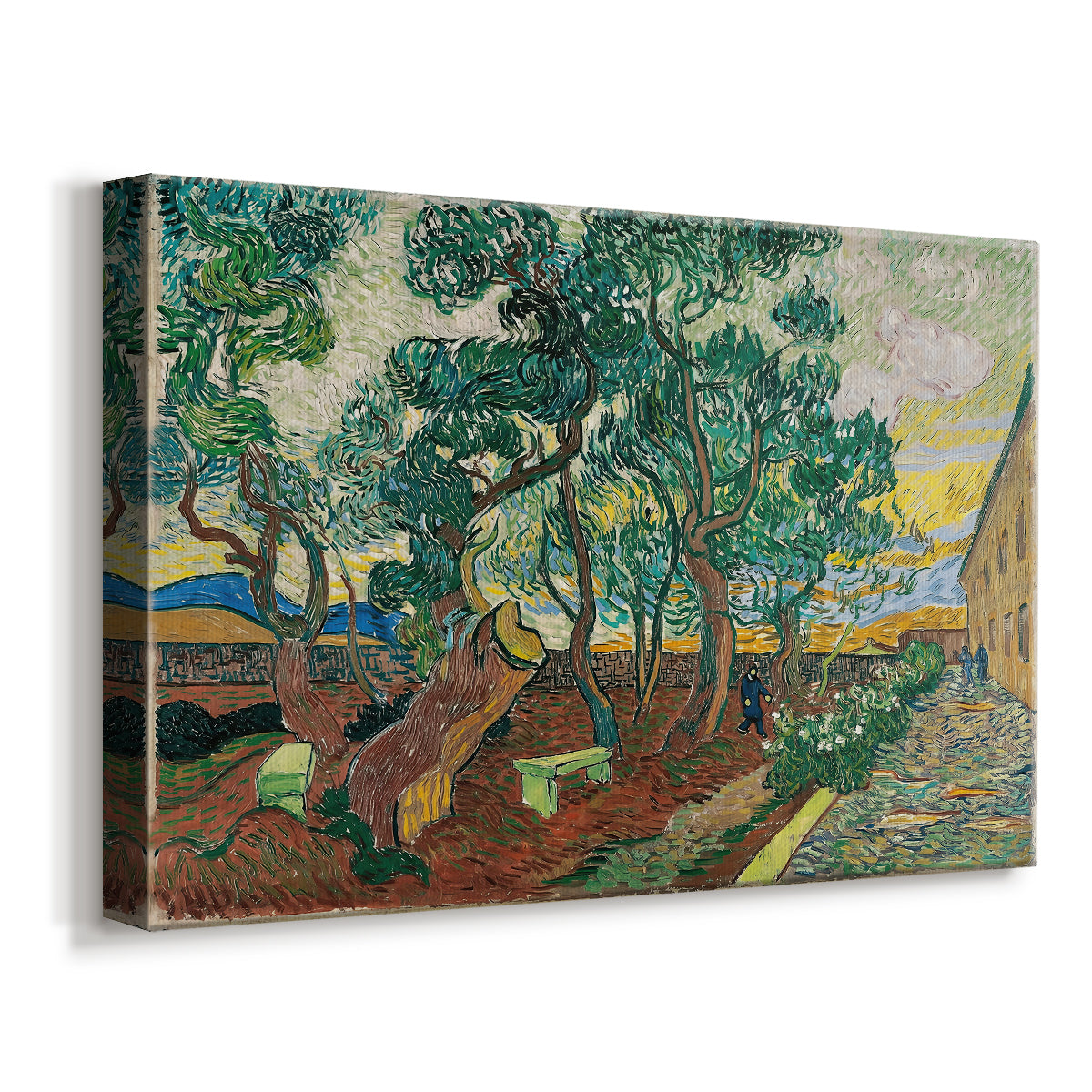Canvas art print featuring an expressive landscape with structured garden elements, displayed at an angle