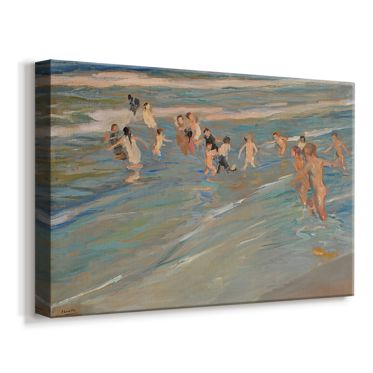 Canvas art print featuring a lively beach scene with kids running near water, displayed at an angle