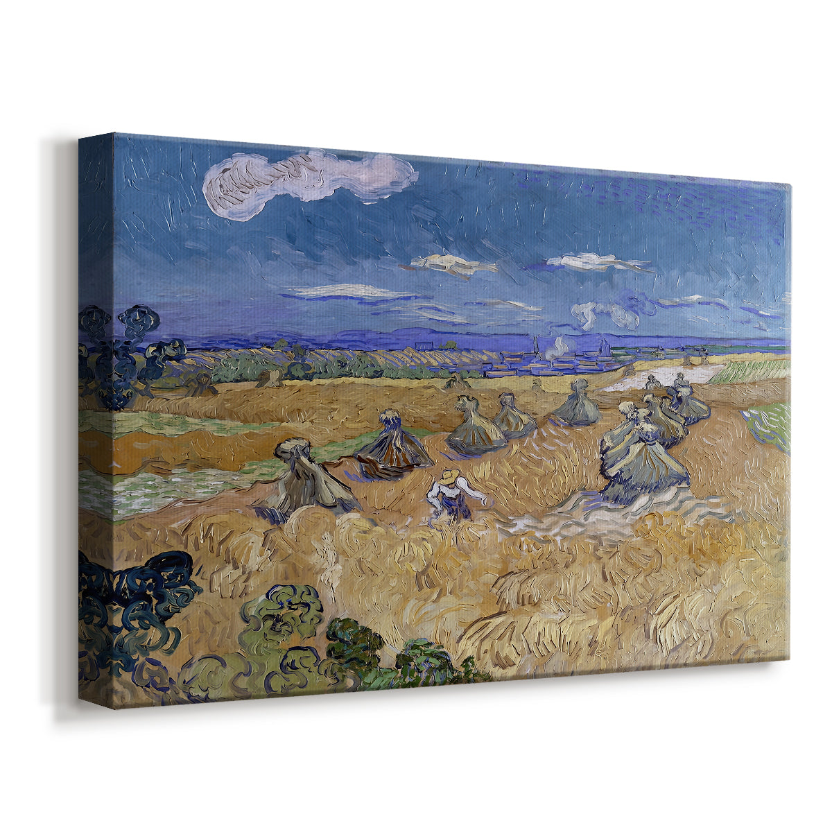 Canvas art print featuring a rural labor scene with reaper among crops, displayed at an angle