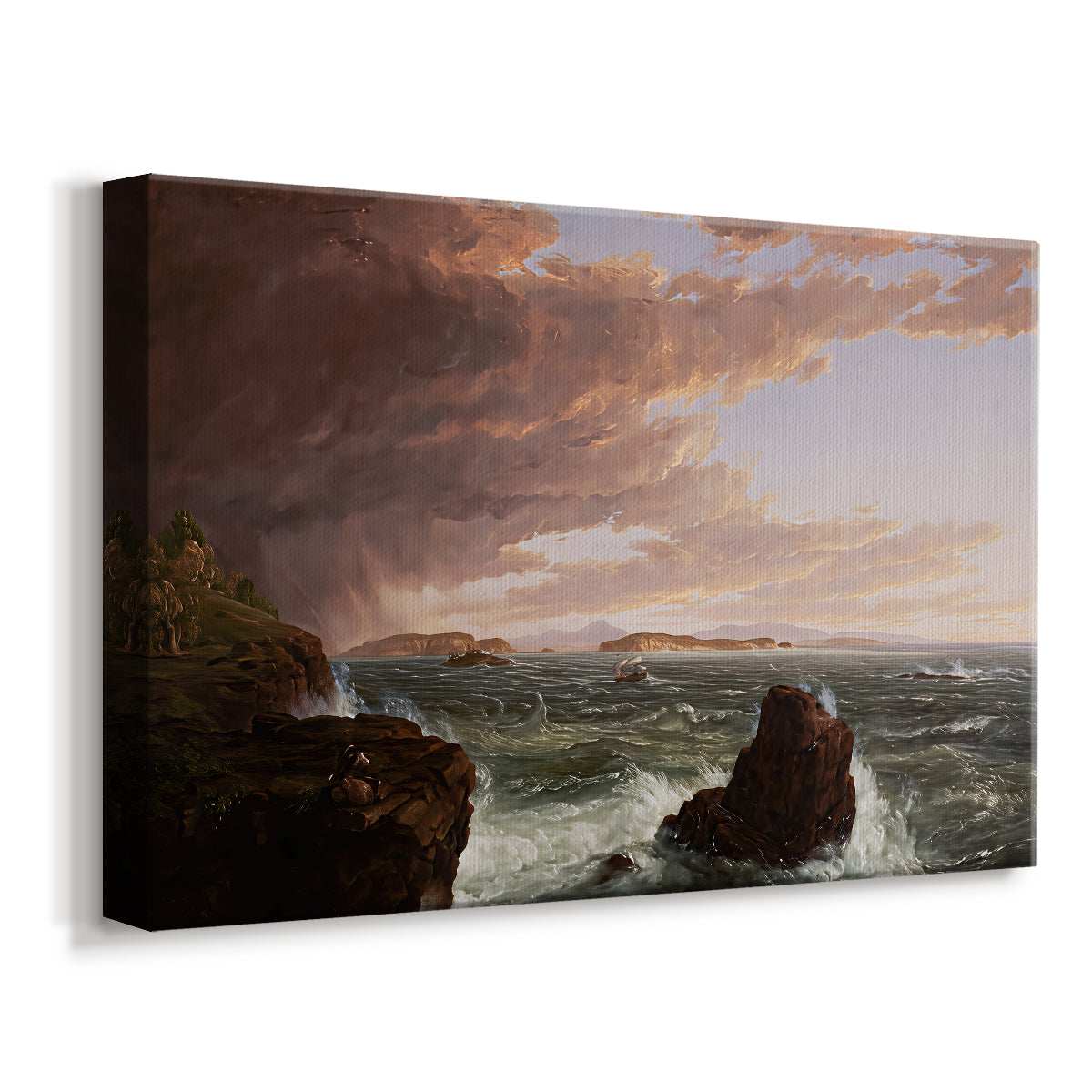 Canvas art print featuring a maritime scene with dramatic clouds over bay, displayed at an angle