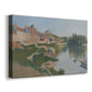 Canvas art print featuring a landscape with elevated buildings, displayed at an angle