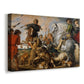 Canvas art print featuring a dynamic hunt with figures and dogs, displayed at an angle