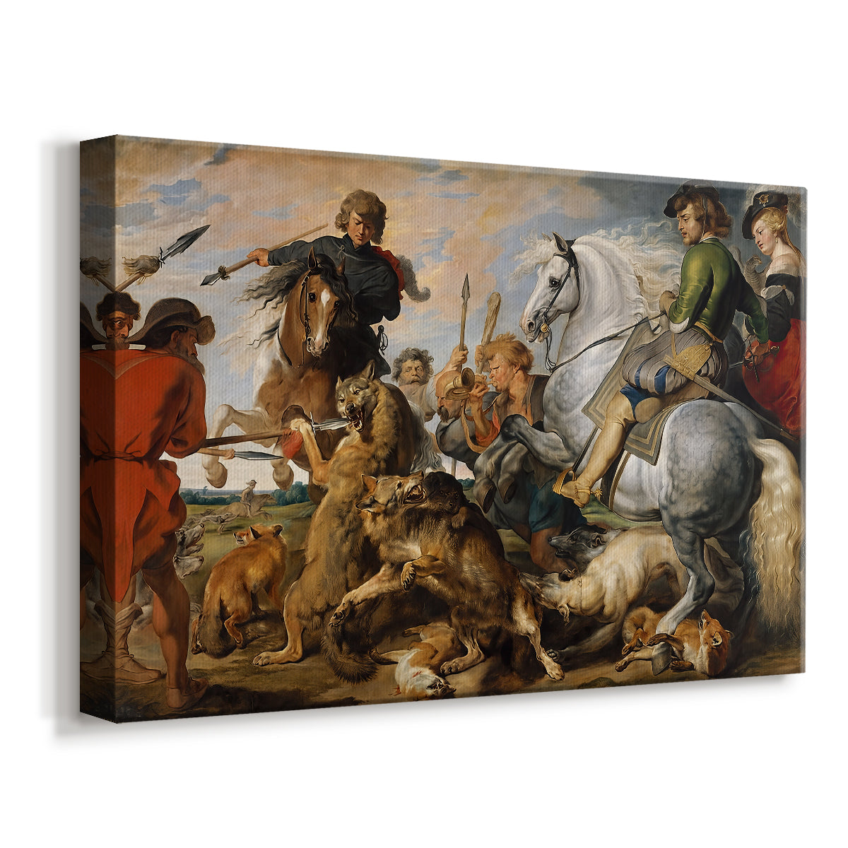 Canvas art print featuring a dynamic hunt with figures and dogs, displayed at an angle