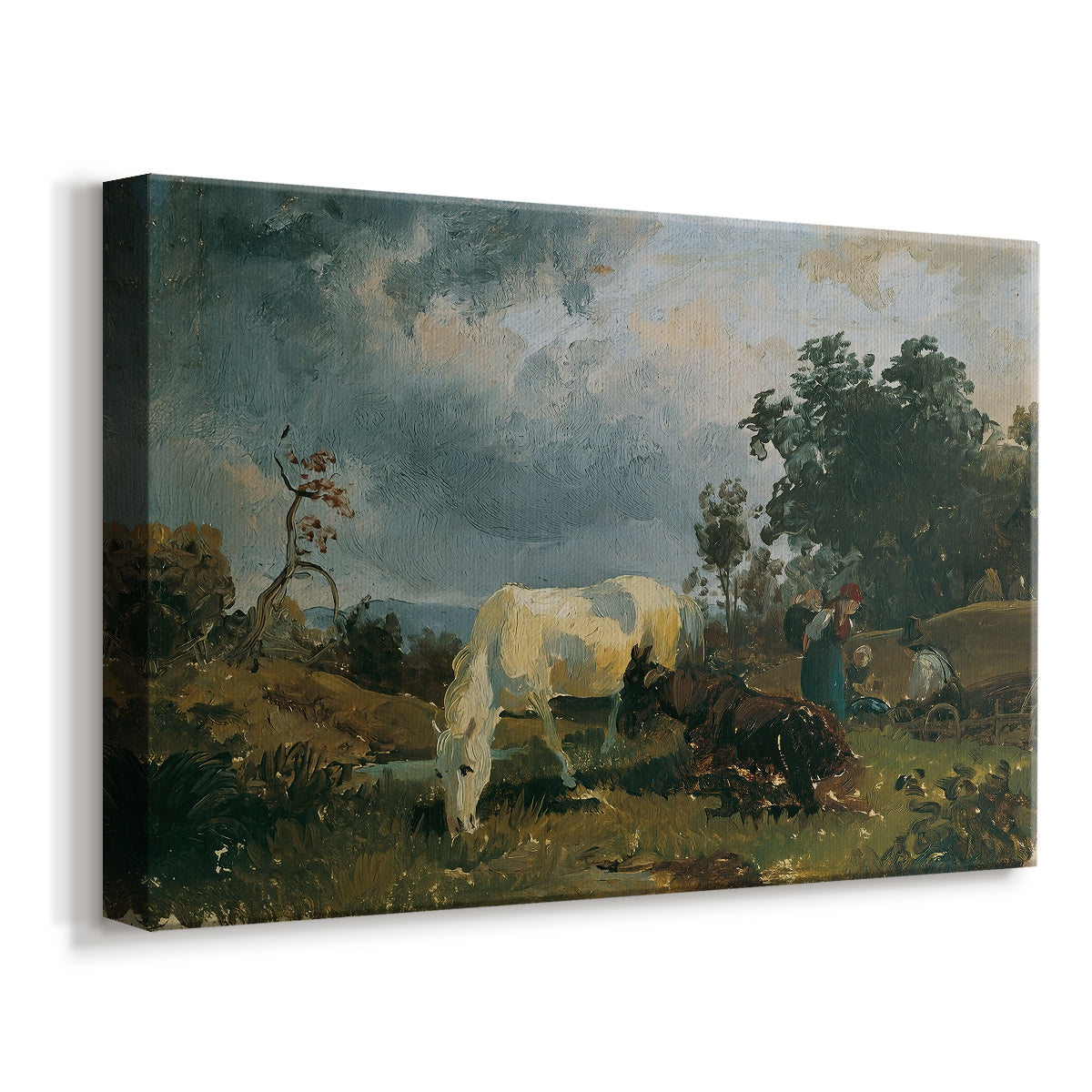 Canvas art print featuring a pastoral scene with animals in countryside, displayed at an angle