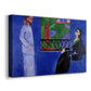 Canvas art print featuring an expressive scene of a man and woman facing each other indoors, displayed at an angle