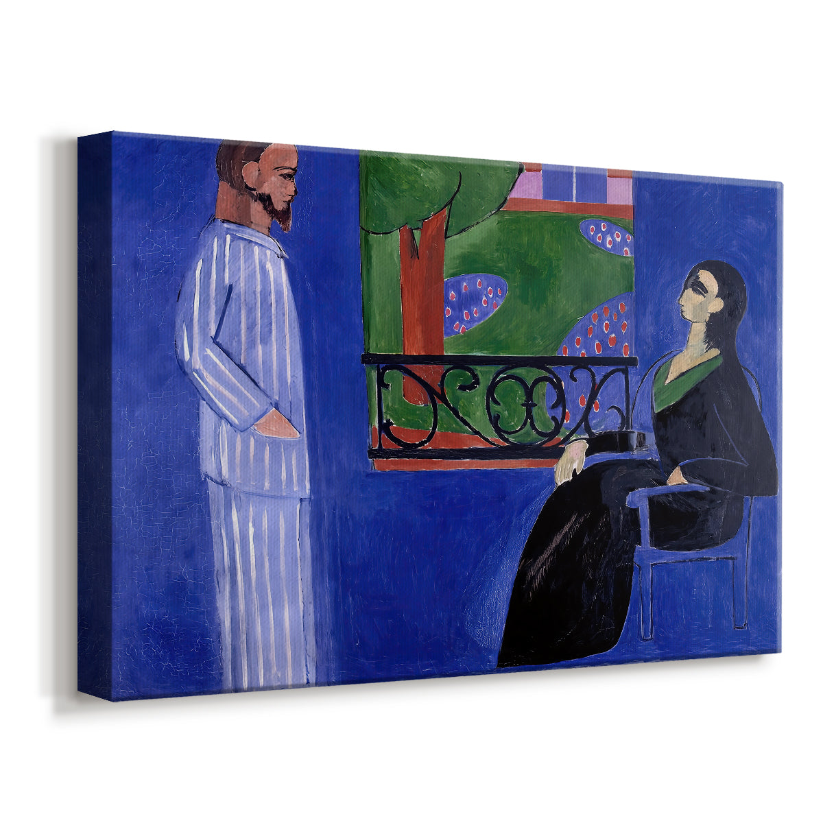 Canvas art print featuring an expressive scene of a man and woman facing each other indoors, displayed at an angle