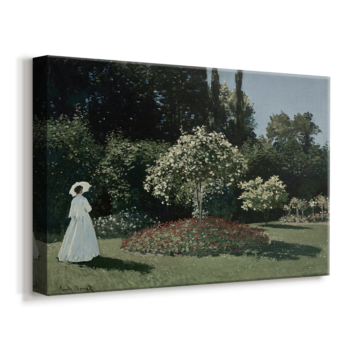 Canvas art print featuring an impressionist figure in sunlit garden with lush vegetation, displayed at an angle
