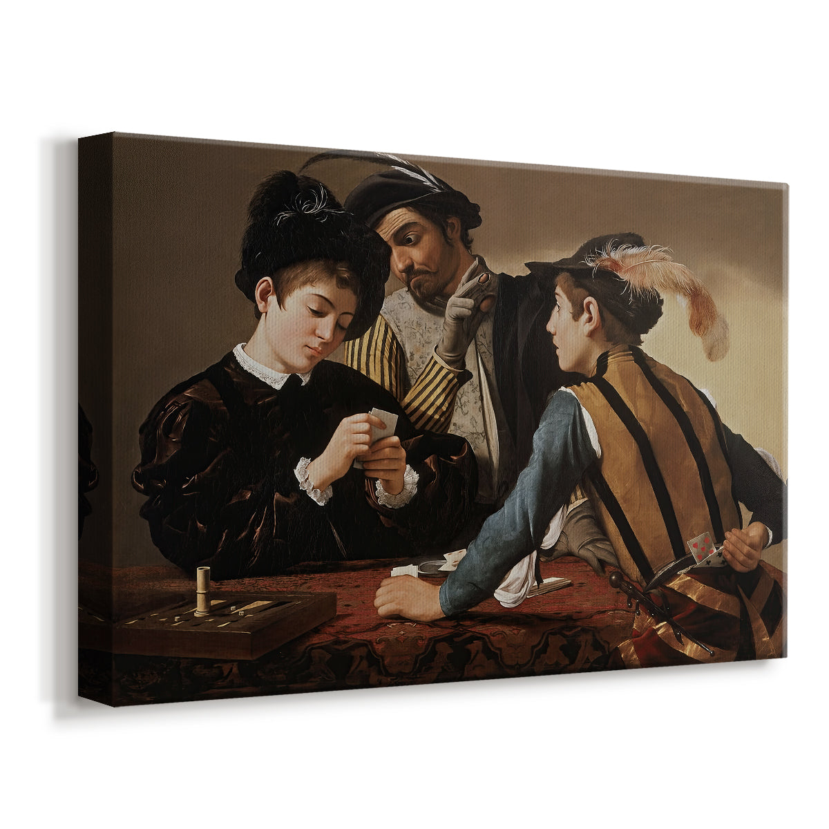 Canvas art print featuring a genre scene of card game with deception and hidden accomplice, displayed at an angle