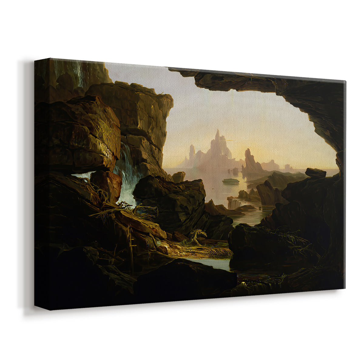Canvas art print featuring a receding floodwaters revealing landscape with figures and debris, displayed at an angle