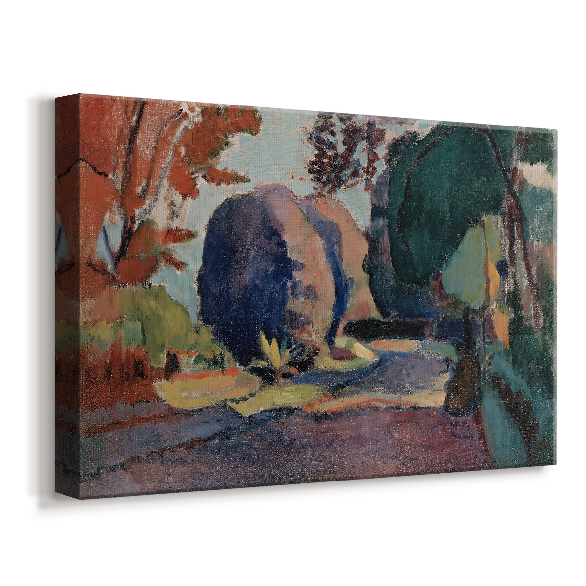 Canvas art print featuring an expressive park scene with foliage and resting figure, displayed at an angle