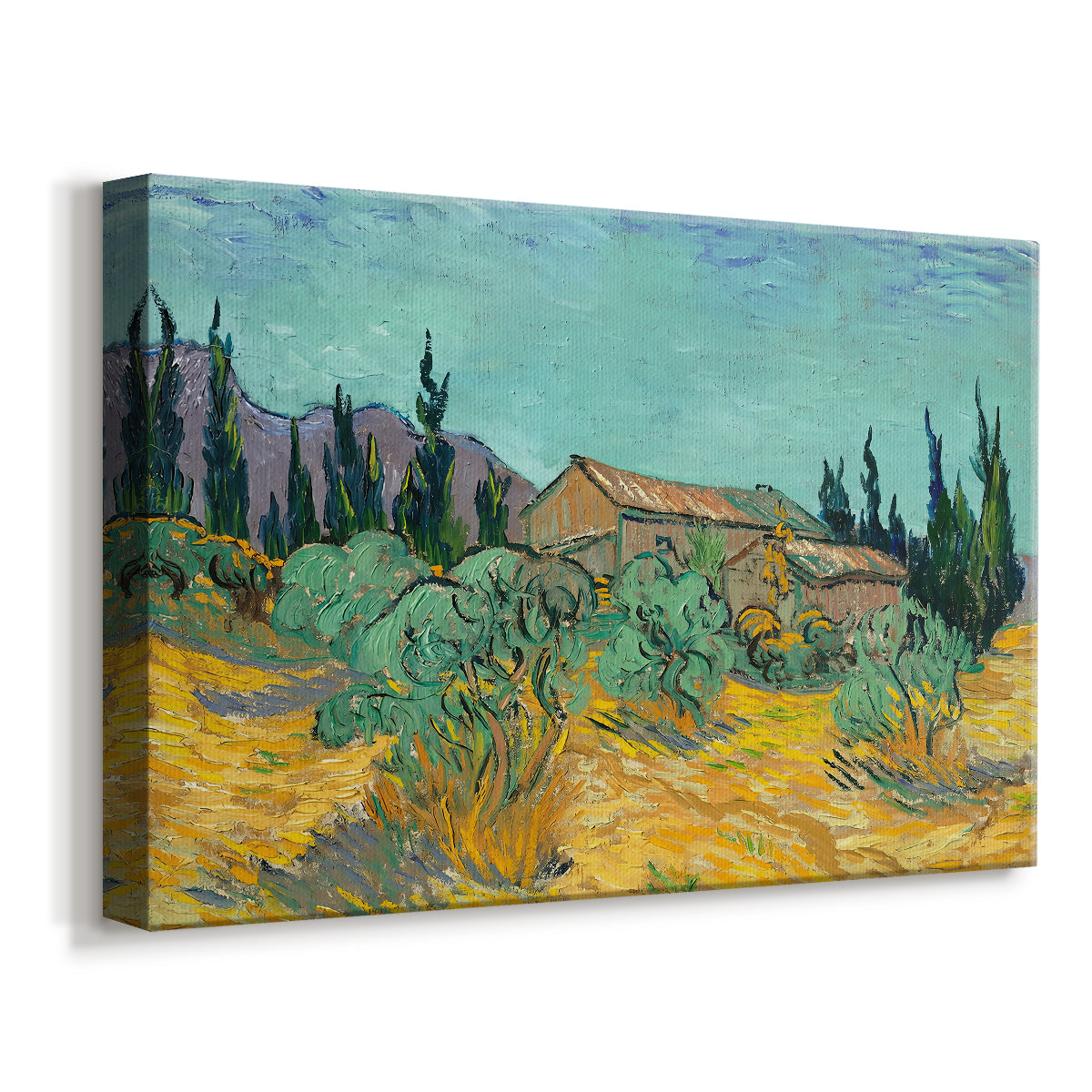 Canvas art print featuring an expressive countryside scene with buildings and vegetation, displayed at an angle