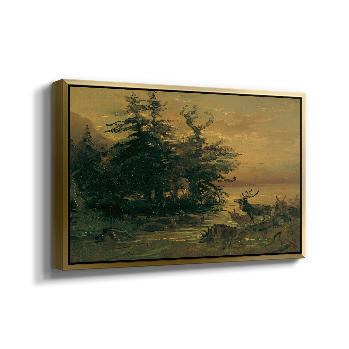 Wallowing Deer on the Shore of a Mountain Lake, c. 1850 - Floater Framed Canvas Print
