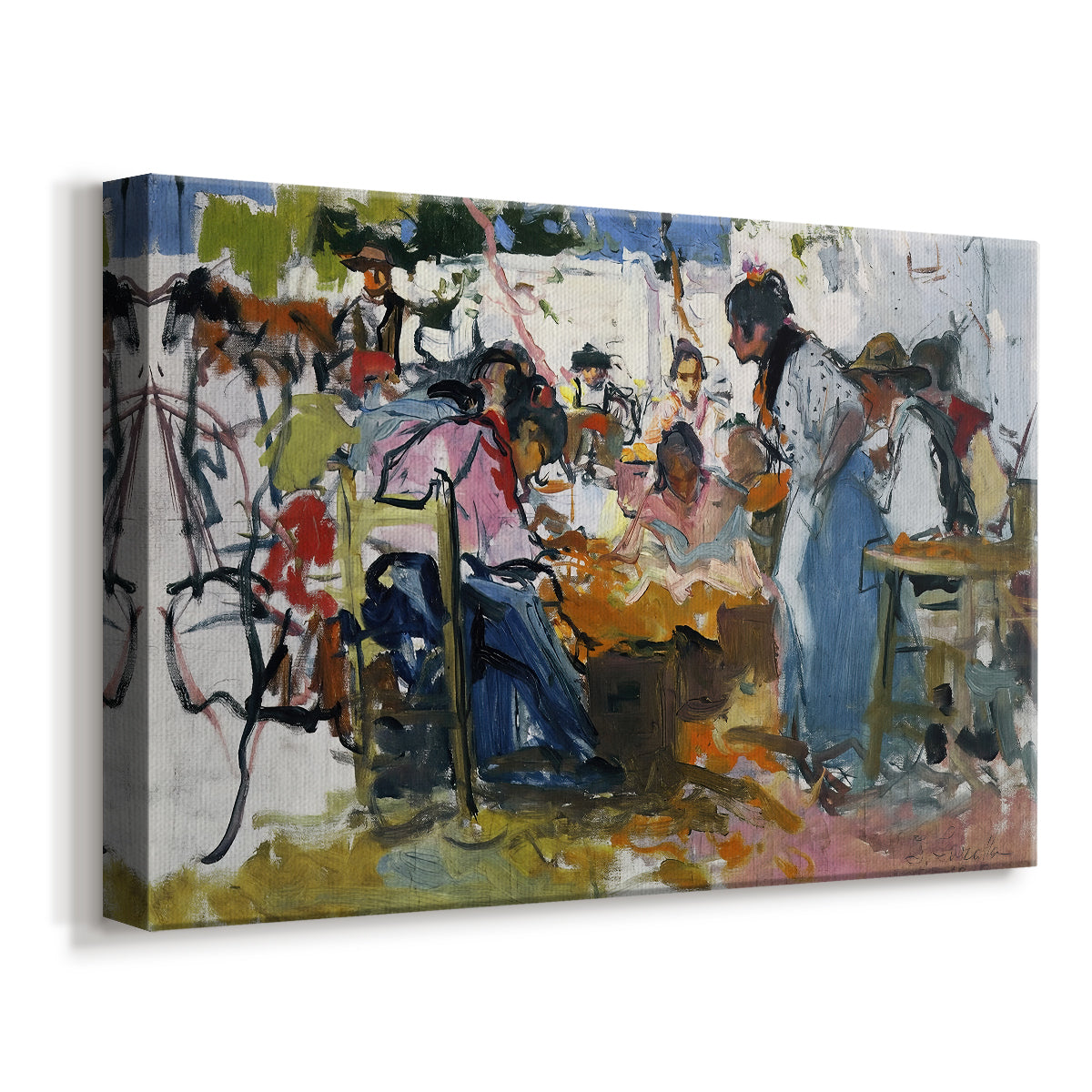Canvas art print featuring a labor scene with figures handling nets in bright light, displayed at an angle