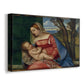 Canvas art print featuring an intimate religious portrait of mother and infant, displayed at an angle