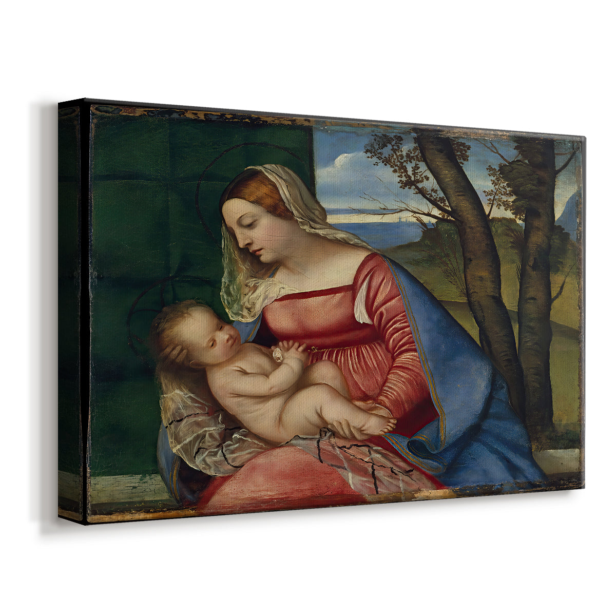 Canvas art print featuring an intimate religious portrait of mother and infant, displayed at an angle