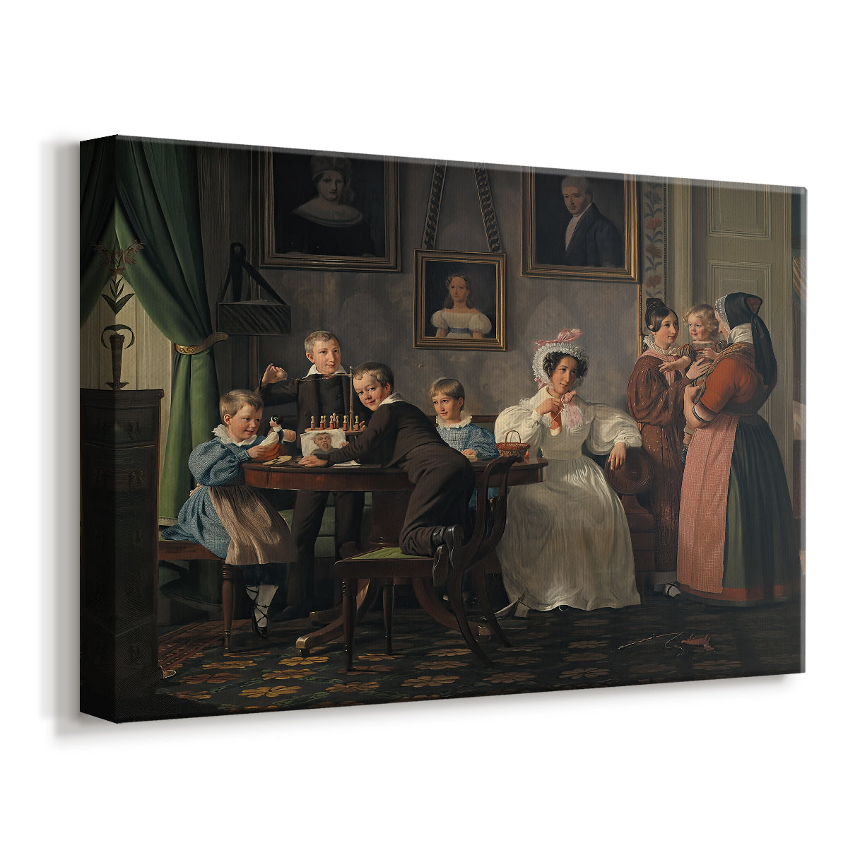 Canvas art print featuring a portrait scene with individuals arranged in formal interior, displayed at an angle