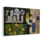 Canvas art print featuring a modernist arrangement of people and objects, displayed at an angle