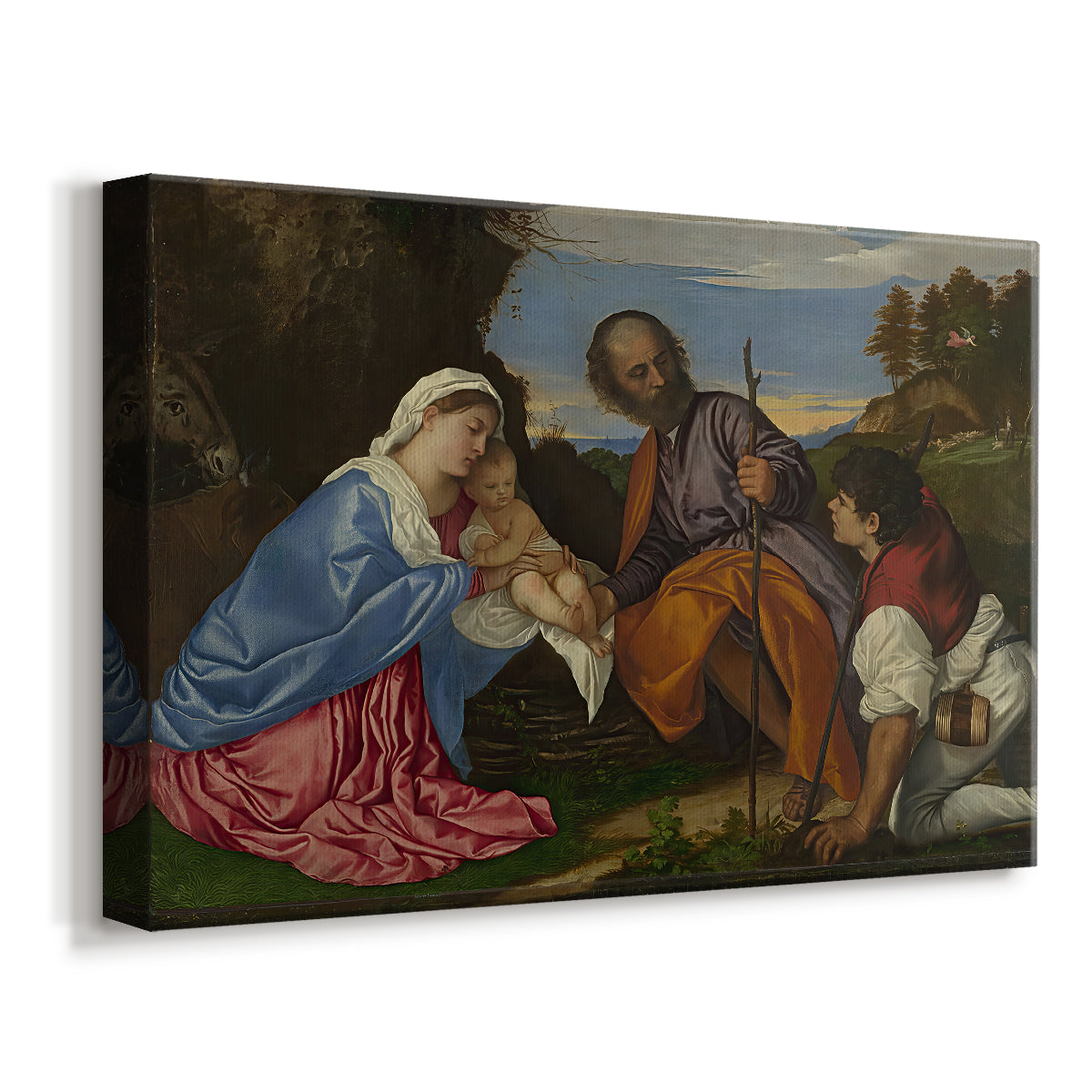 Canvas art print featuring a religious scene with seated figures and child in pastoral environment, displayed at an angle