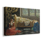 Canvas art print featuring a narrative scene of sleeping woman, displayed at an angle