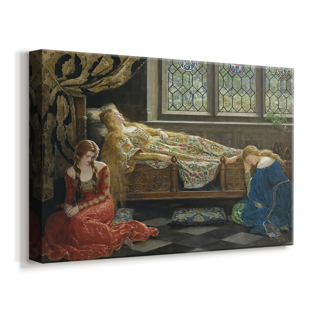 Canvas art print featuring a narrative scene of sleeping woman, displayed at an angle