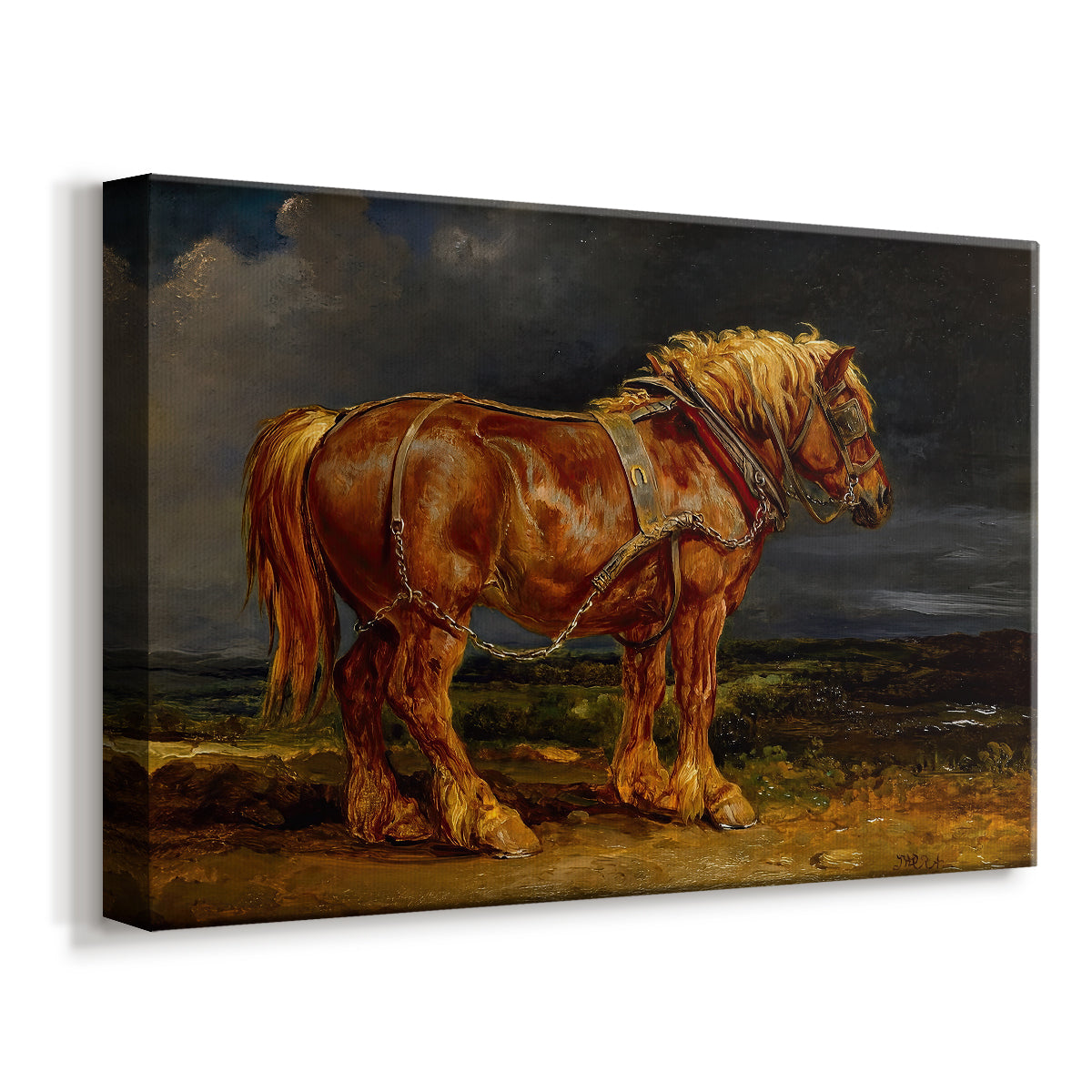 Canvas art print featuring a detailed horse portrait set in expansive countryside, displayed at an angle
