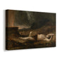 Canvas art print featuring a lifeless figure lying in barren landscape under somber sky, displayed at an angle