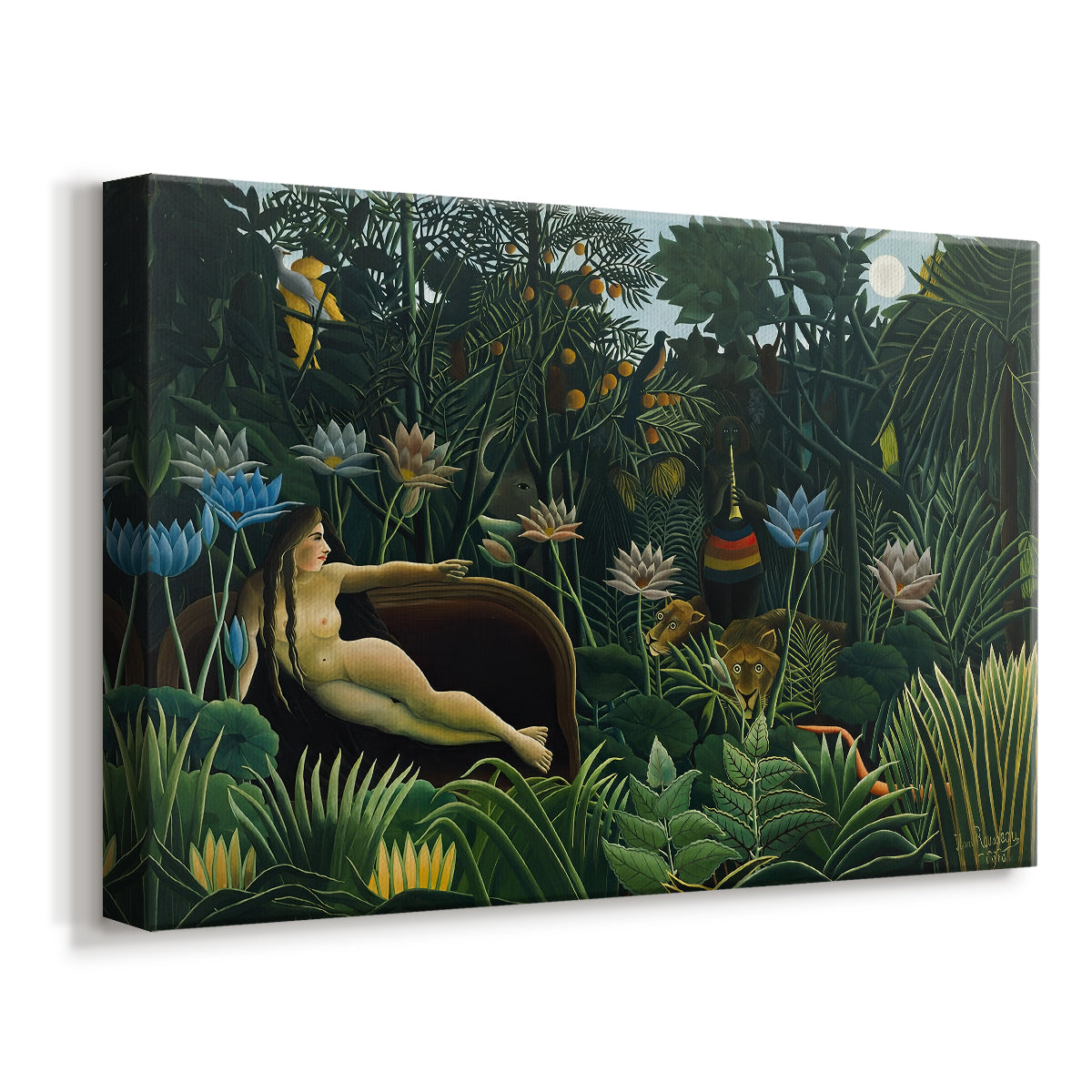 Canvas art print featuring an exotic scene with figure lying among lush tropical vegetation, displayed at an angle