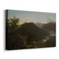 Canvas art print featuring a romantic dawn landscape with misty mountains and wooded slopes, displayed at an angle