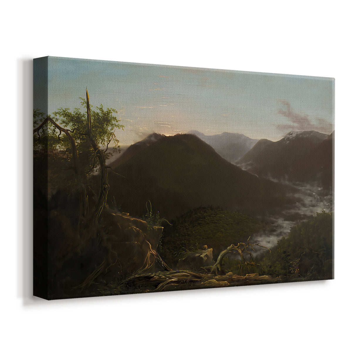 Canvas art print featuring a romantic dawn landscape with misty mountains and wooded slopes, displayed at an angle