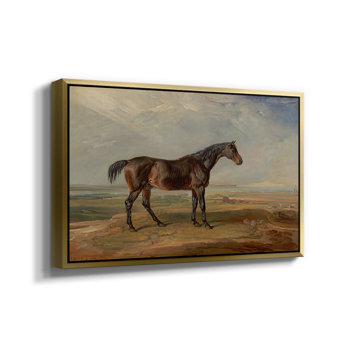 Dr. Syntax, a Bay Racehorse, Standing in a Coastal Landscape, an Estuary Beyond, c. 1820 - Floater Framed Canvas Print