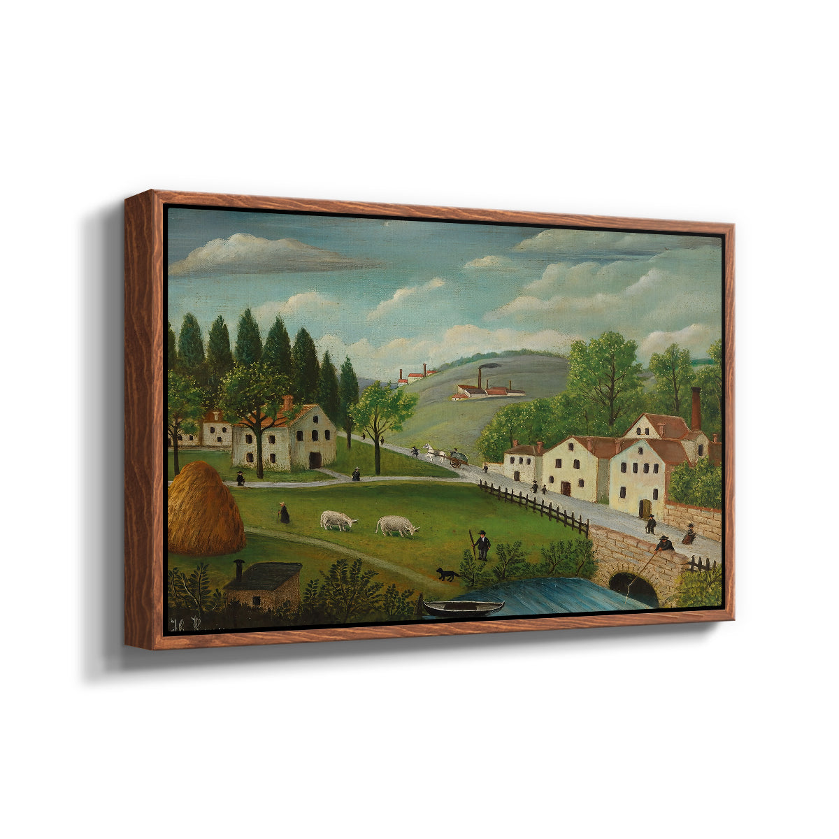 Pastoral Landscape with Stream, Fisherman and Strollers, 1875-1880 - Floater Framed Canvas Print