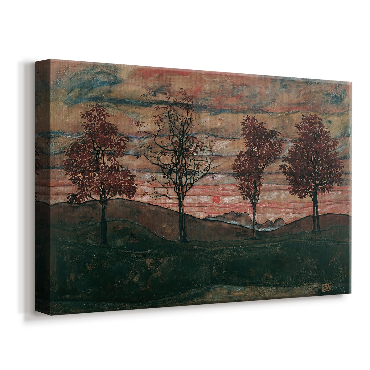Canvas art print featuring a minimal landscape with grouped trees and expressive color, displayed at an angle
