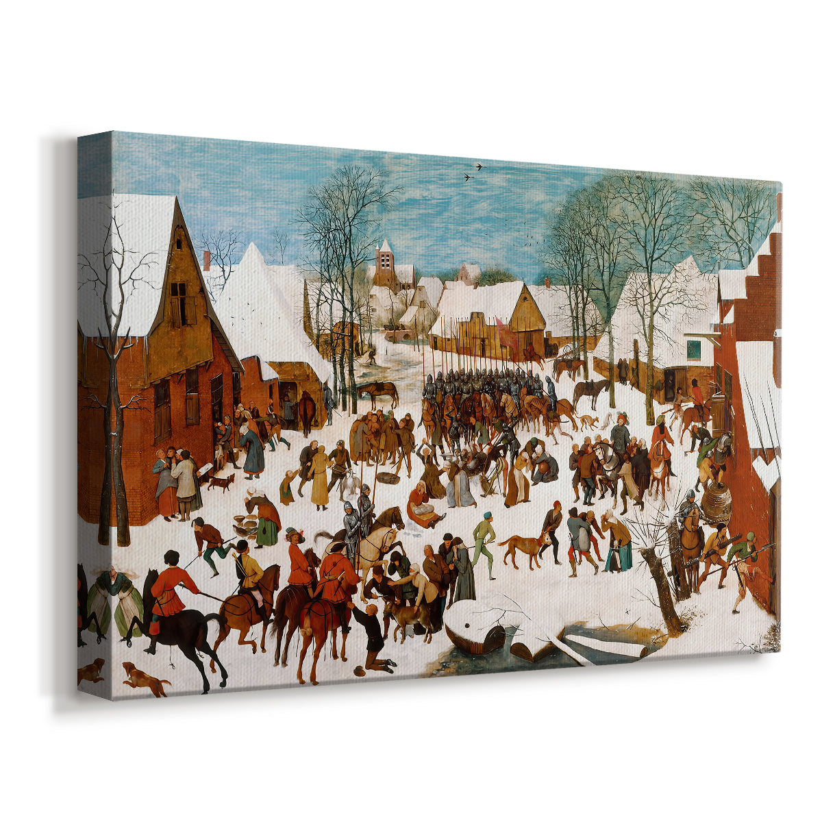 Canvas art print featuring a dramatic fight between civilians and soldiers, displayed at an angle