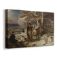 Canvas art print featuring a rural hunting scene with figures and animals at rest, displayed at an angle