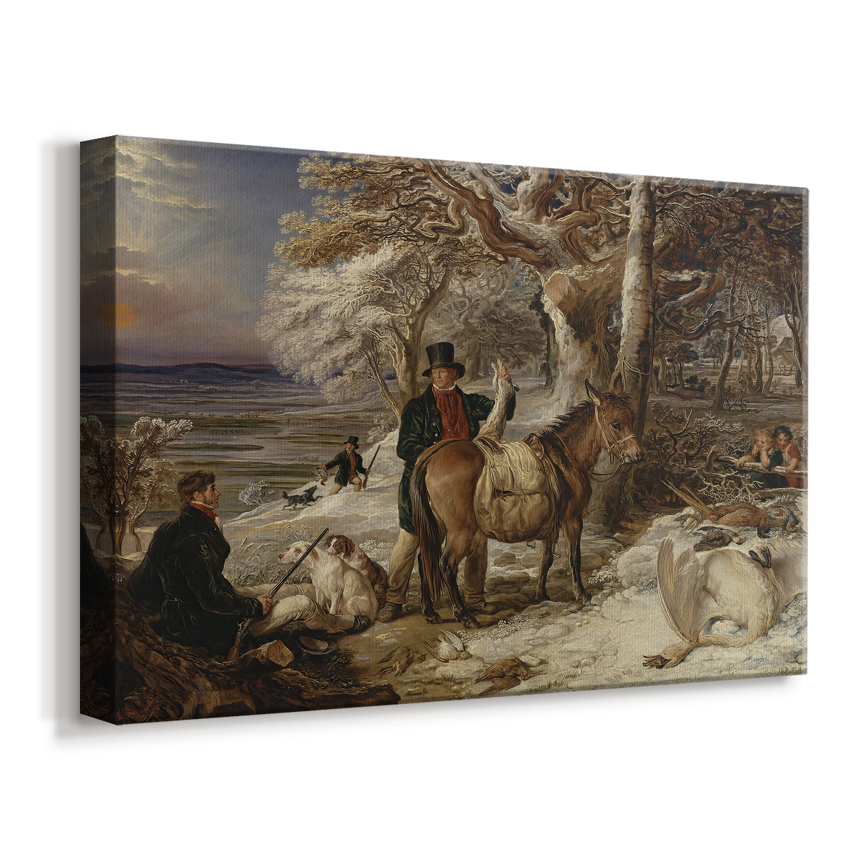 Canvas art print featuring a rural hunting scene with figures and animals at rest, displayed at an angle