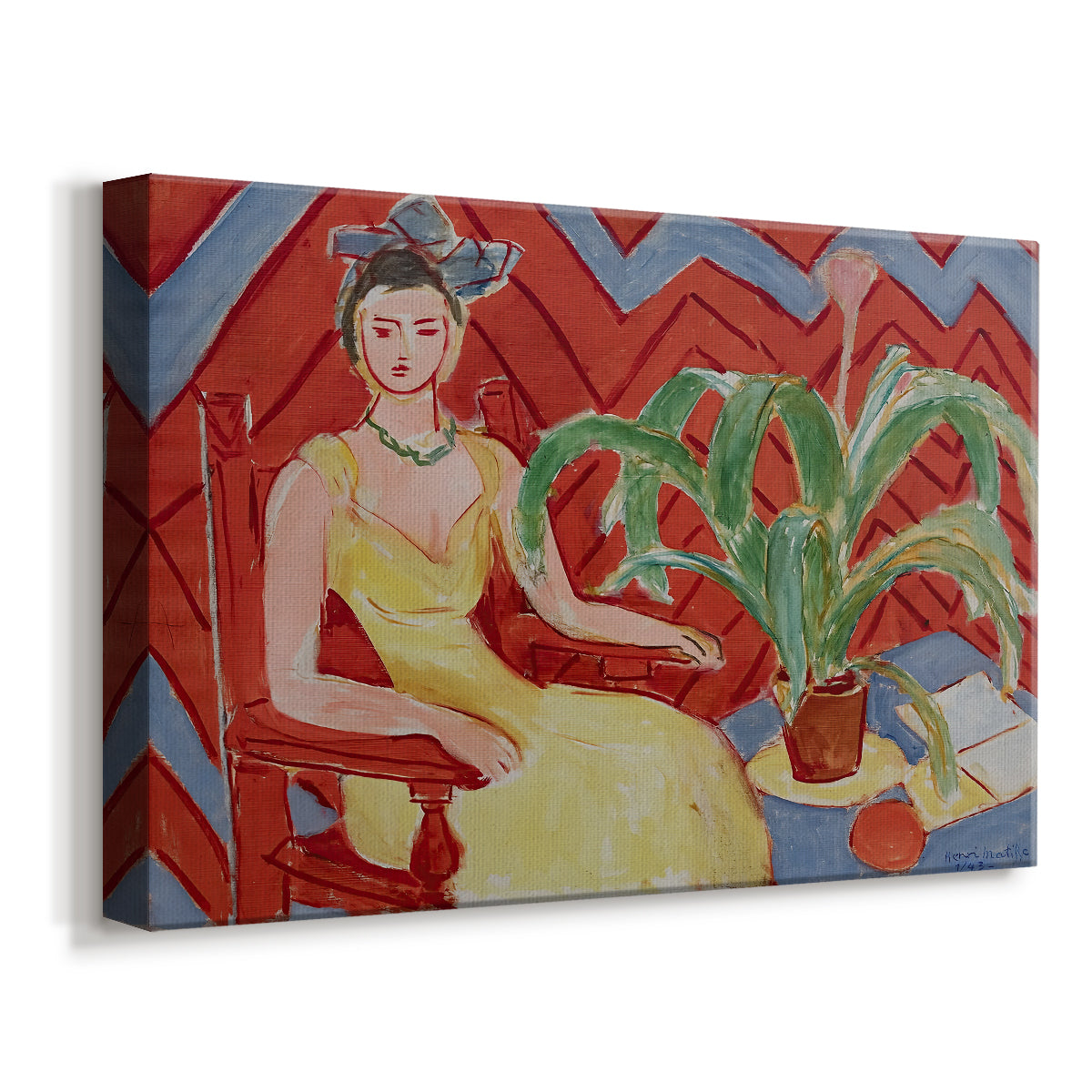 Canvas art print featuring an expressive portrait of a woman against a patterned background, displayed at an angle