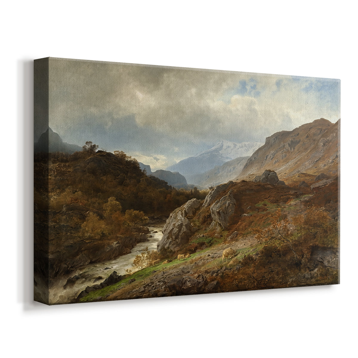 Canvas art print featuring a dramatic landscape with rocky slopes and expansive view, displayed at an angle