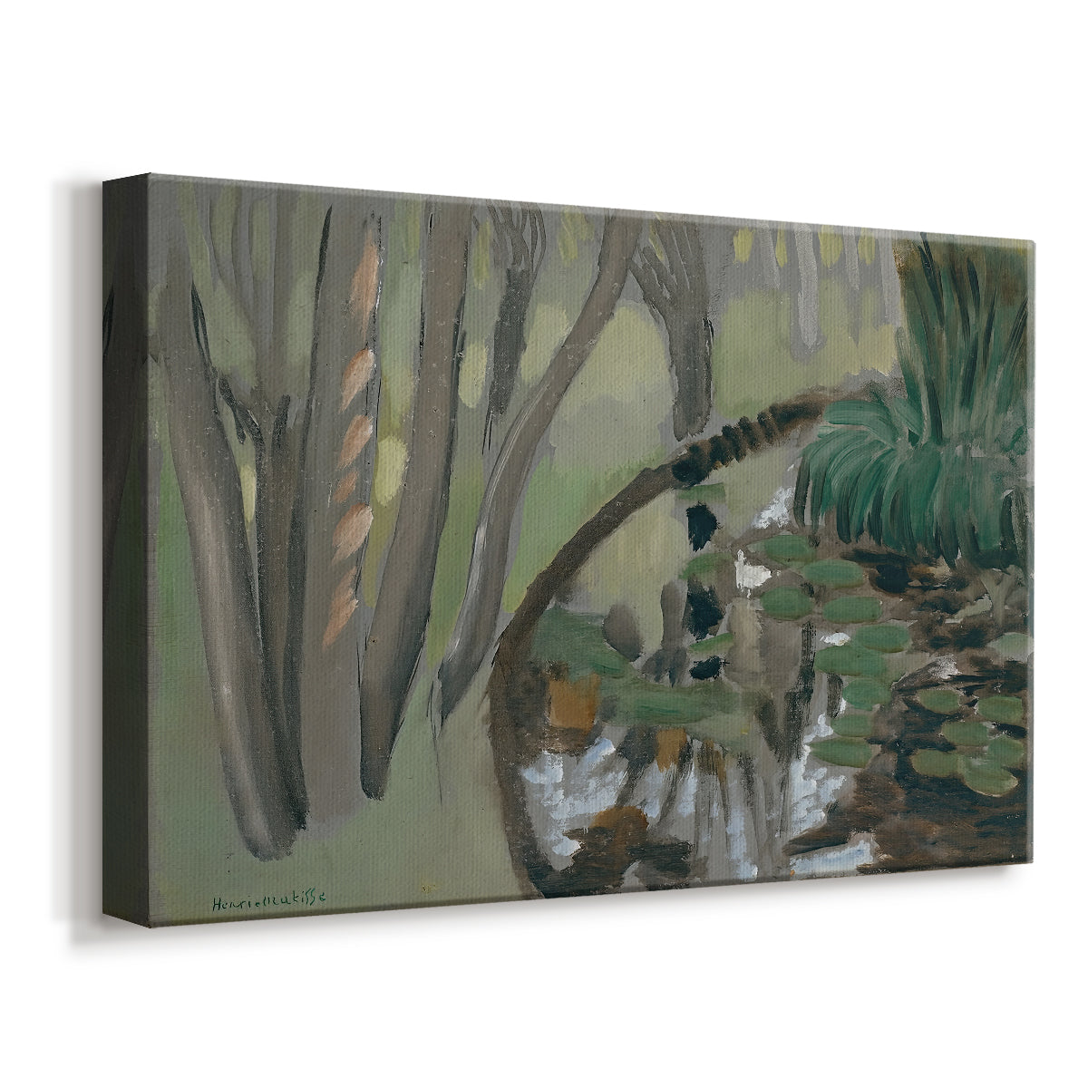 Canvas art print featuring a tranquil landscape of water in wooded terrain, displayed at an angle
