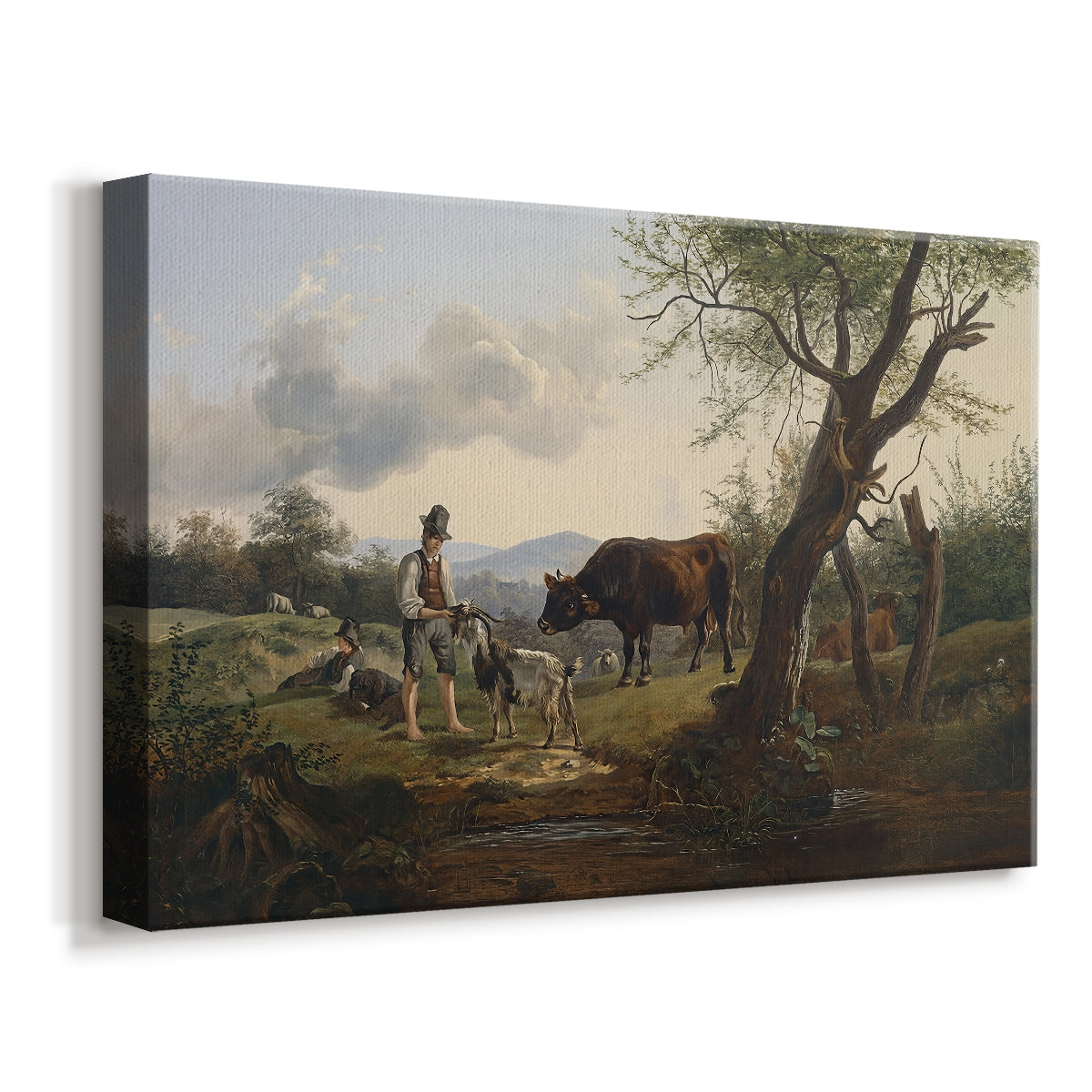 Canvas art print featuring a rural scene with figure and animal, displayed at an angle