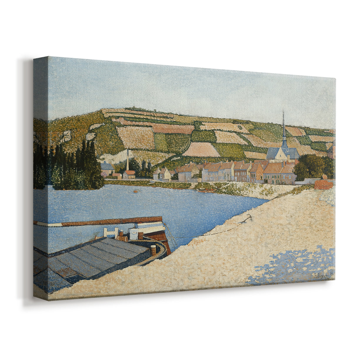 Canvas art print featuring a pointillist scene with riverbank and small town, displayed at an angle