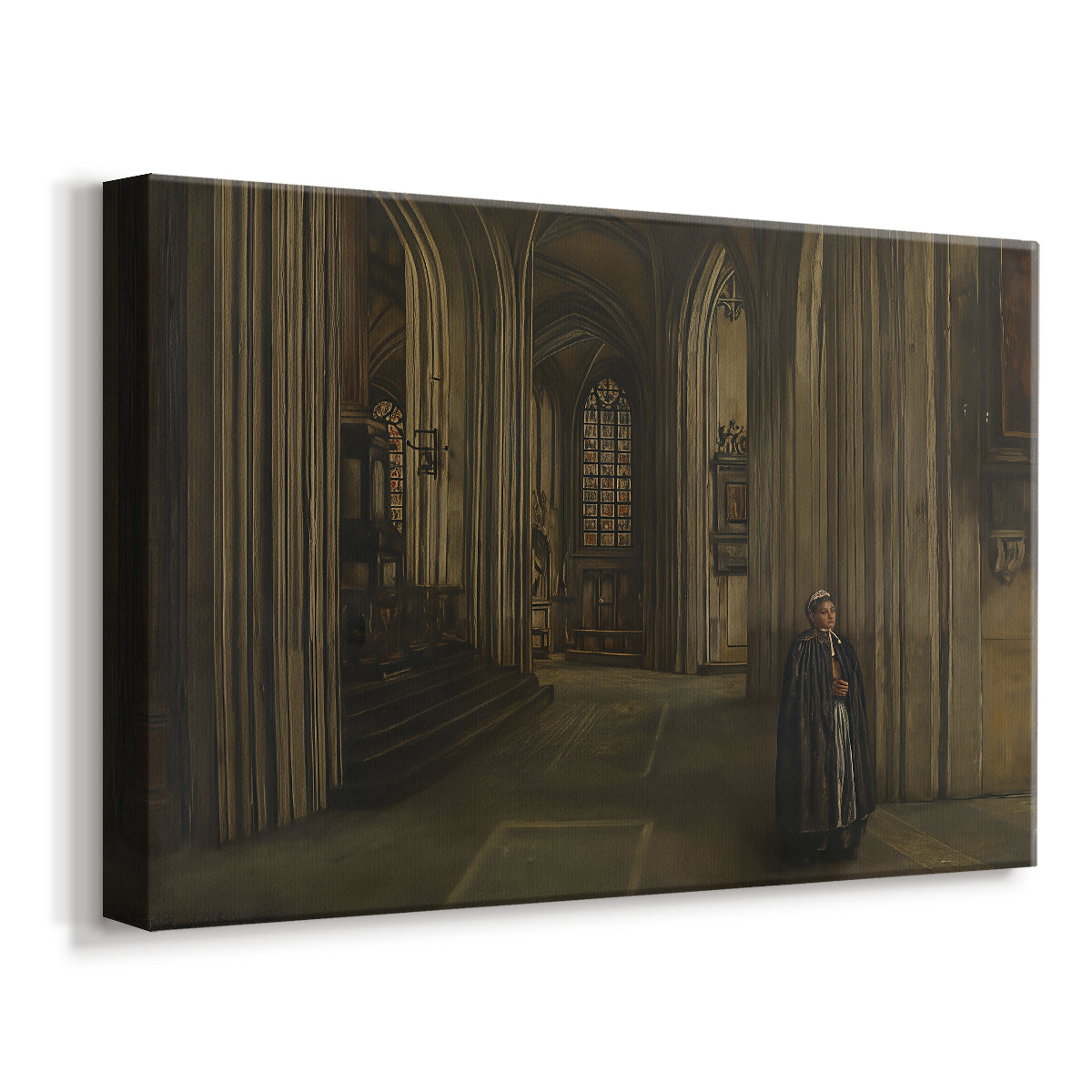 Canvas art print featuring an architectural space with tall ceilings and empty interior, displayed at an angle